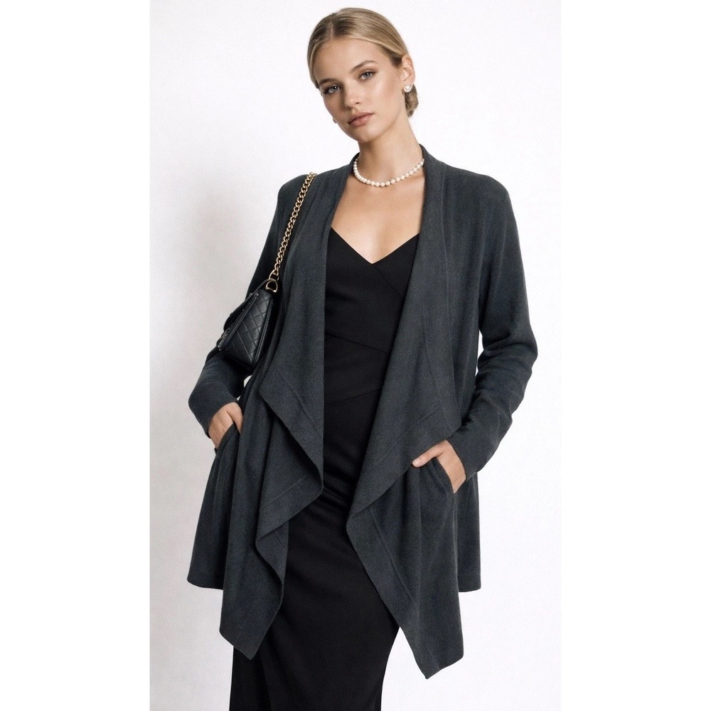THEORY Winxie Soft Lester Dark Green  Merino Wool Open‎ Drape Cardigan Sweater L